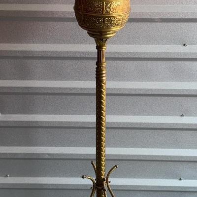 Vintage Brass Floor Lamp W/ Floral Globe Hurricane