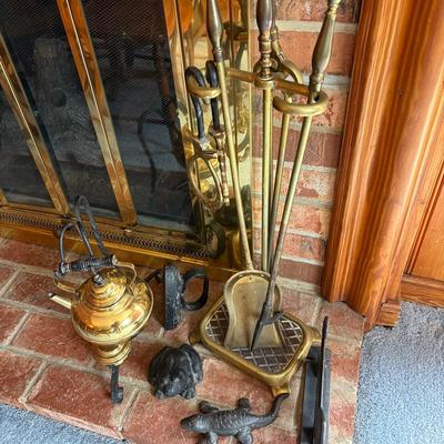 Brass Fireplace Tool Set, Sad Iron, Frog, Gator, Dachshund Boot Scraper, Tea Pot