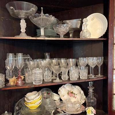 Assorted Glassware, Etched Dishes, Plates