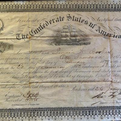 1863 Confederate $1000 Loan Certificate 