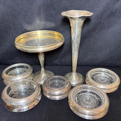 Sterling Silver Weighted Coasters, Bud Vase, Candy Dish 