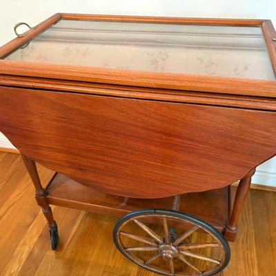 Vintage Wooden Tea Cart W/Glass Tray Top