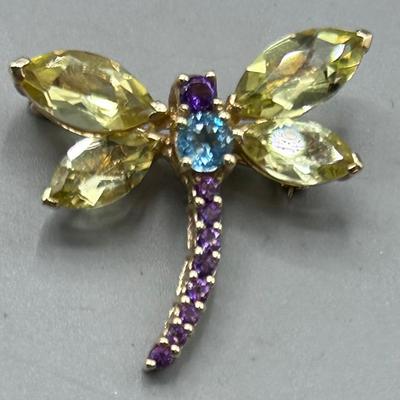 Alwand Vahan 14k Yellow Gold Dragonfly Citrine Topaz Amethyst Pendant Brooch