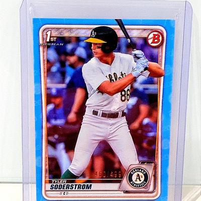 2020 Bowman Chrome Tyler Soderstrom baseball card, specifically a Sky Blue Refractor numbered 460/49
