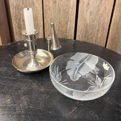 88 artshawaiietchedglassbowl colonialcandletaperholder