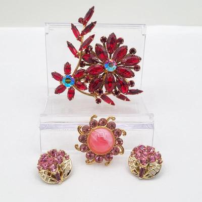 16 dazzlingredrhinestonebroochandpinkrhinestoneearring pinset