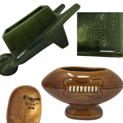 54 vintageroyalhaegerpotterywheelbarrowplanter footballbowl
