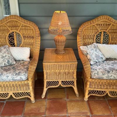 Indoor Wicker Chairs, Table, Lamp 