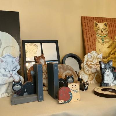 Large Hand Painted Wooden Cat Lot 
