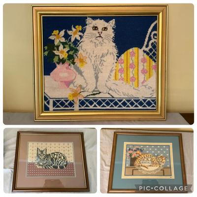 3 Framed Cat Needlpoint Works