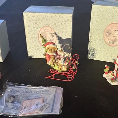 Cherished Teddies Collector Figurine Lot Featuring Wendall , Santa Sleigh, & Elliot