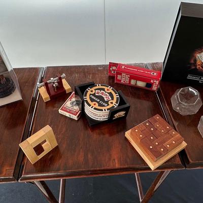 Poker Items, Pomer Dog Figurine Table, Handmade Games, & Whiskey Glasses 