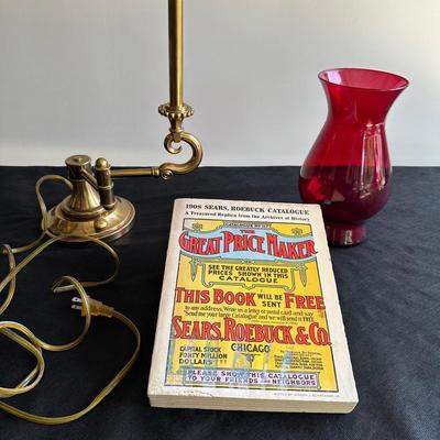 Antique 1908 Sears Catalog with Vintage Gold-Plated Desk Lamp & Red Flower Vase