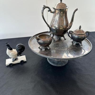 Sterling Platter, Tea Pot & Cups, Chicken On Wheels Decor
