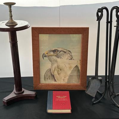 Eagle Picture, America Book, Small Table/stand, Fireplace Poker Set, Candlestick 