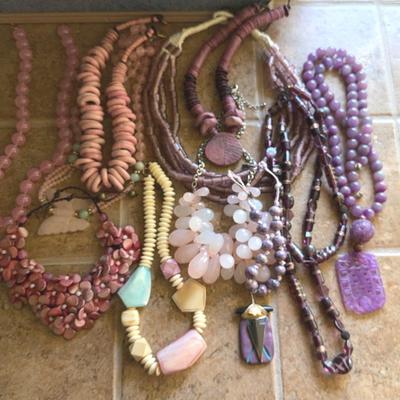 Art Jewelry in Pink/Purple-Leather, Stone, Clay, Glass