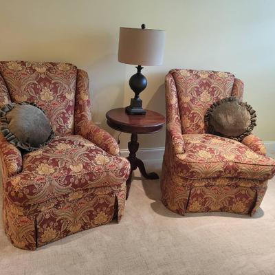 Pair of Southwood upholstered chairs, round table, and lamp