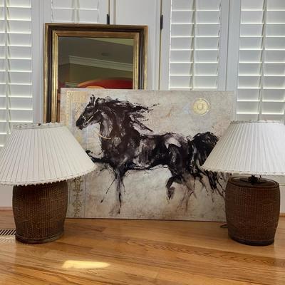 Canvas Horse Print, Framed Mirror, and Pair of Table Lamps