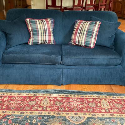 Dark Blue Upholstered Loveseat with Plaid Pillows 2