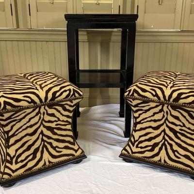 Pair of Zebra Print Ottomans with Black Side Table