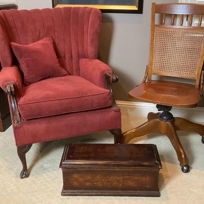 Upholstered Armchair, Wood Desk Chair, and Wooden Box