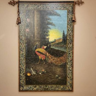 Framed Tapestry with Peacock Scene