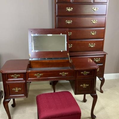 Cherry Vanity and Stool with Matching Dresser