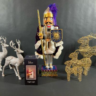Holiday Decor Lot – Nutcracker, Deer Figures & Night Light