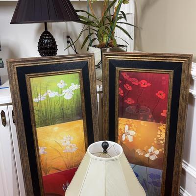 Framed Floral Prints and Table Lamps