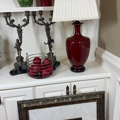 Decorative Table Lamp, Vases, and Framed Art