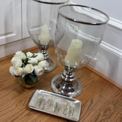 Pair of Hurricane Candle Holders with Decorative Accents
