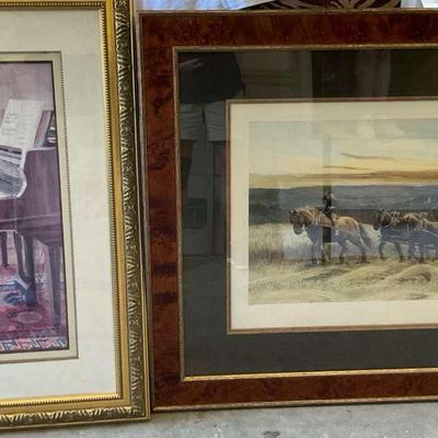 Framed Art Pair – Children at the Piano & Horse-Drawn Plow Scene