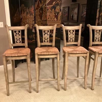 Set of Four Wood Bar Stools with Cushioned Seats