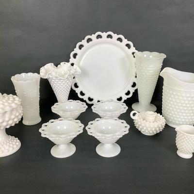 Collection of Hobnail White Milk Glass Serveware and Vases