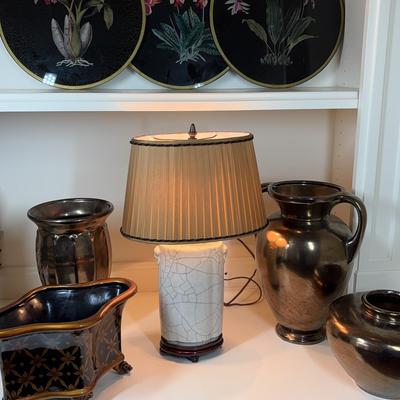 Decorative Floral Plates, Vases, and Table Lamp