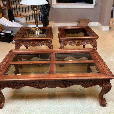 Carved Wood and Glass Coffee Table Set – 3 Pieces