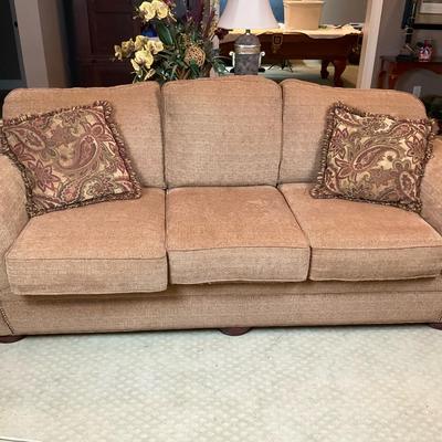 Three-Seat Sofa with Rolled Arms and Decorative Pillows