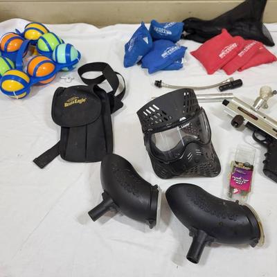 Paintball Set, Bocce, And Cornhole bags