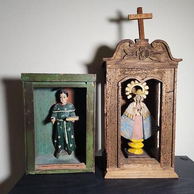Madonna & Priest Carved Figures
