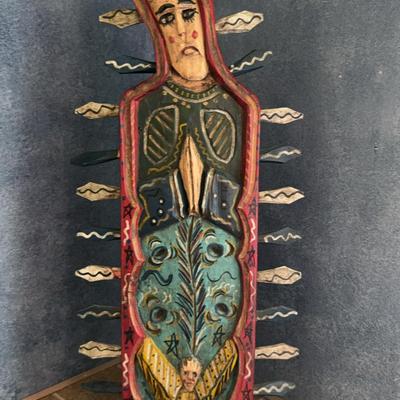 Hand Carved & Painted Guatemalan Wood Statue Virgin of Guadalupe