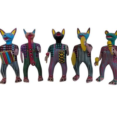 Five Wood Carvings By Abad Xuana Oaxacan Mexican Folk Art Band Figurines Painted