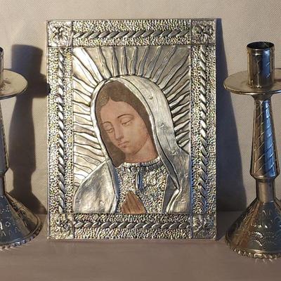 Mexican Punched Tin Candle Holders Embossed Aluminum " Virgin De Guadelupe"