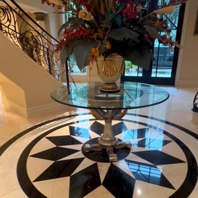 Entry way glass and bronze table and silk plant