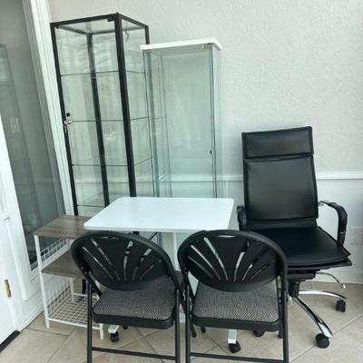 Display cases, chairs, tables 