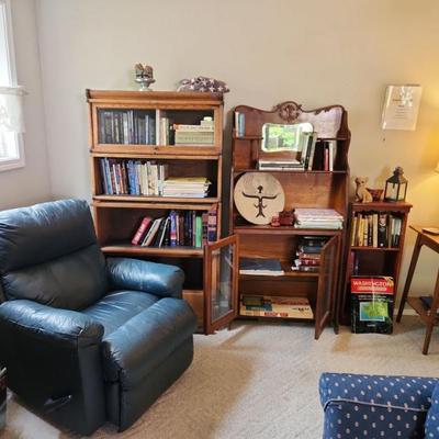 Books, bookcases, recliner 