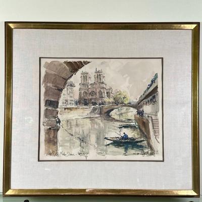Denis Verspecht (French, 1919-1996) Watercolor - "Notre Dame" | Scenic painting of the Notre Dame cathedral in Paris, France....