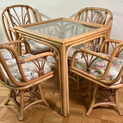 (5pc) Bamboo/Rattan Swivel Dining Chairs & Table | Vintage (mid 20th c.) bamboo and rattan swivel base dining chairs (set of 4) with...