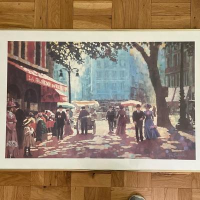 After Ray Burdzinski (American, 20th c.) Watercolor - Paris Street Corner | Scenic painting of a bustling street corner in Paris. Likely...