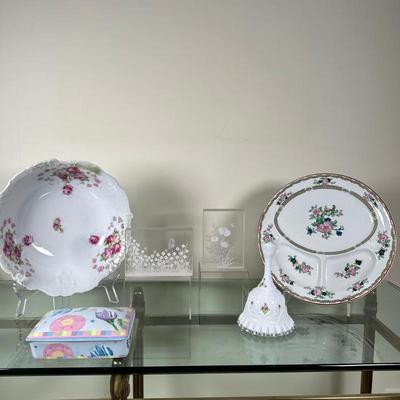(6pc) Porcelain Pieces - Horchow & Others | Vintage (mid 20th c.) floral porcelain pieces, including: Reinhold Schlegelmilch...
