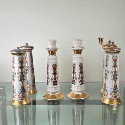 (6pc) Lenox Salt/Pepper Mills & Candlestick Holders | Vintage (mid 20th c.) Lenox "Lido" pattern salt and pepper mills (2...